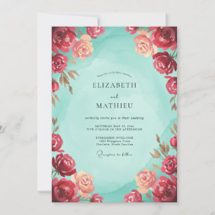 Invitación Boda Flor de Aquamarina y Borgoña