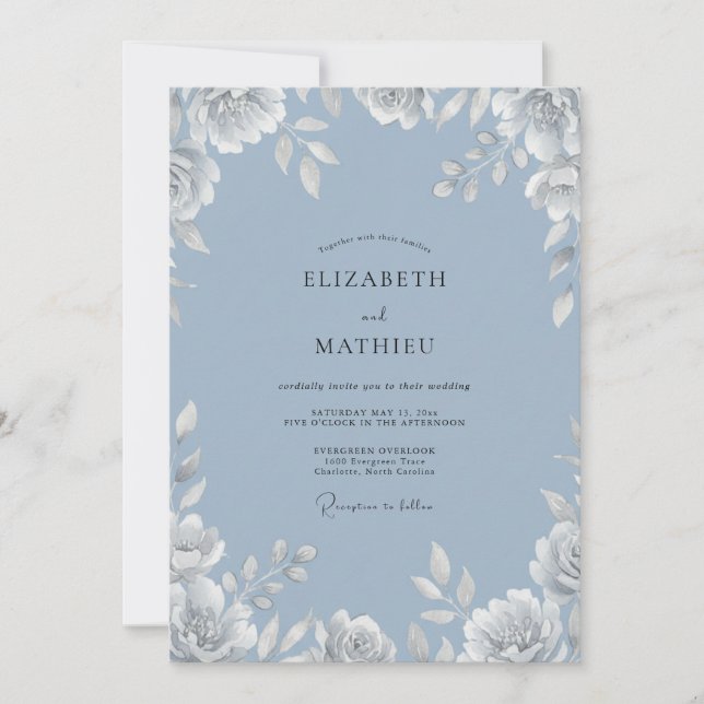 Invitación Boda Flor de Azul Acero (Anverso)