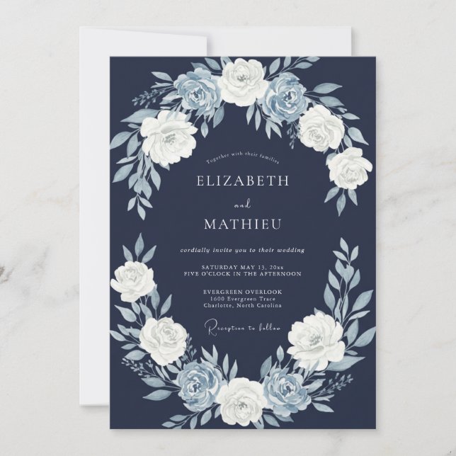 Invitación Boda Flor de Azul Marino (Anverso)