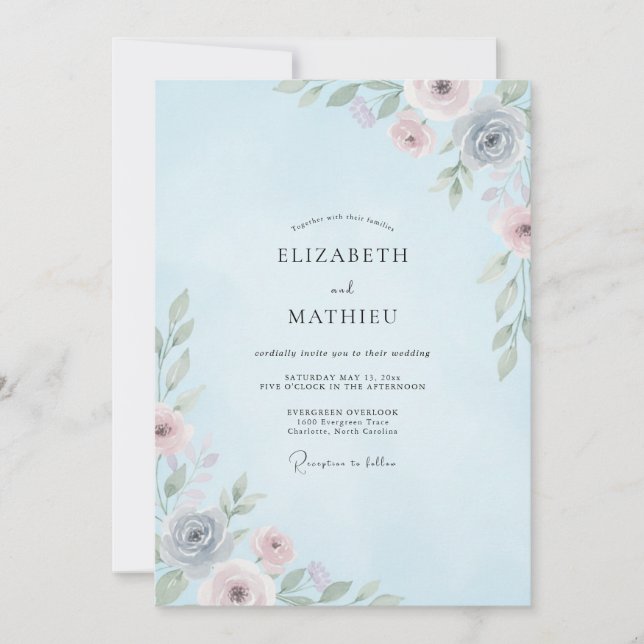 Invitación Boda Flor de Azul Polvo (Anverso)