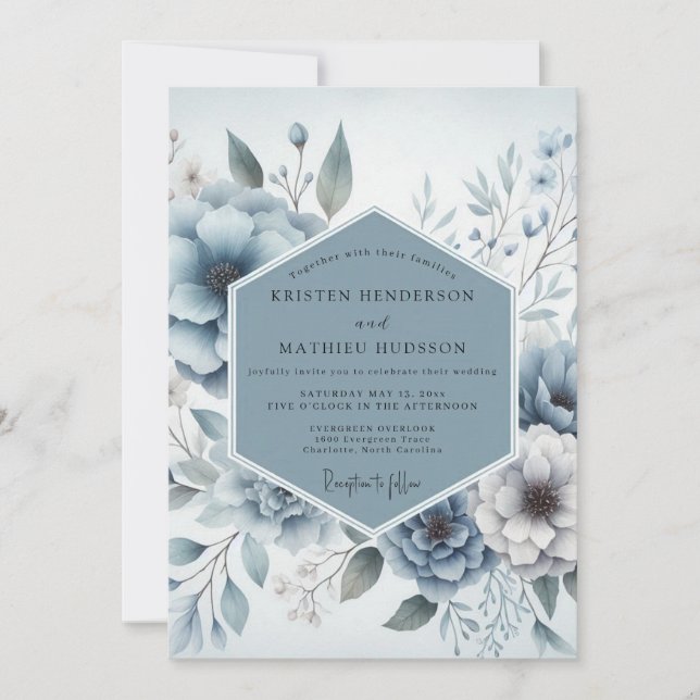 Invitación Boda Flor de Azul Polvoriento (Anverso)