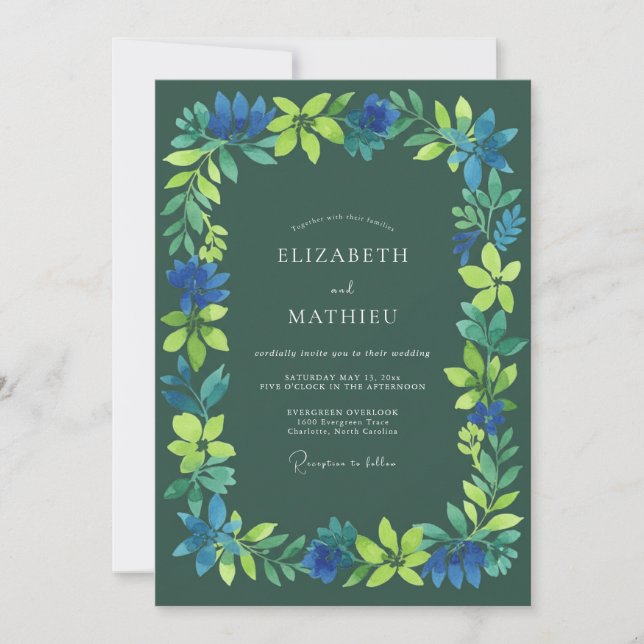 Invitación Boda Flor de Azul Profundo Verde (Anverso)