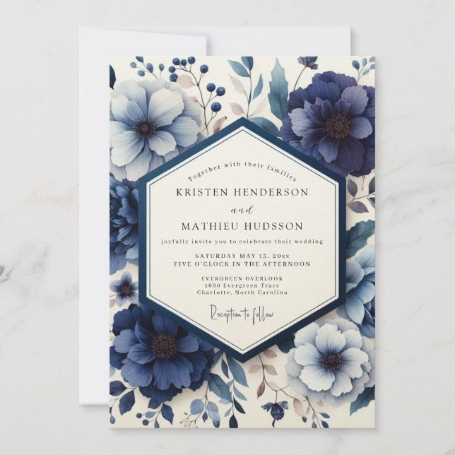 Invitación Boda Flor de Azul Profundo y Malhumor (Anverso)
