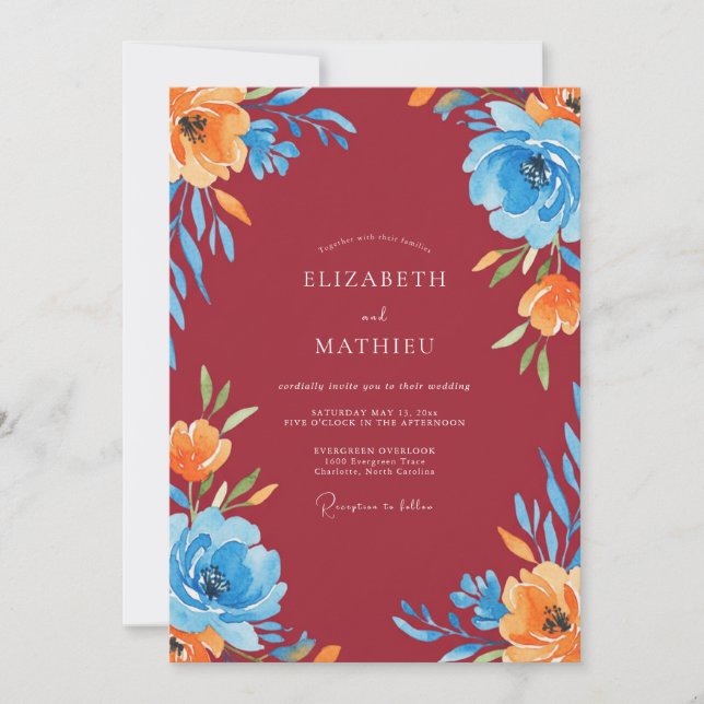 Invitación Boda Flor de Azure de Borgoña (Anverso)