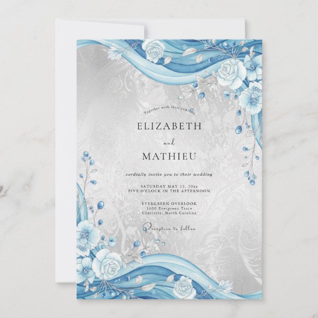 Invitación Boda Flor de Azure Plateado (Anverso)