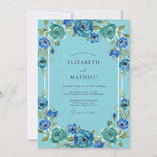 Invitación Boda Flor de Azure Teal (Anverso)