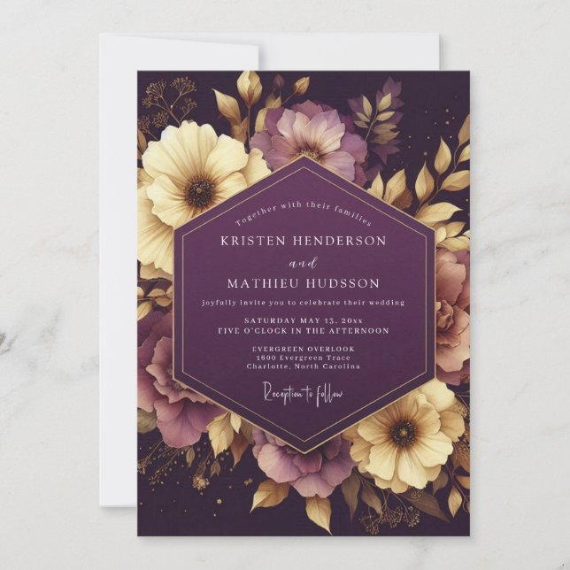 Invitación Boda Flor de Barroco de Berenjena (Anverso)