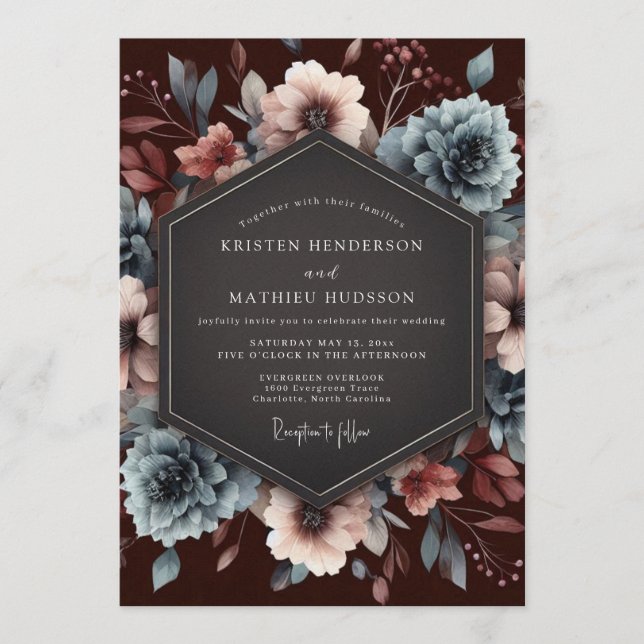 Invitación Boda Flor de Barroco Pizarra Granate (Anverso)