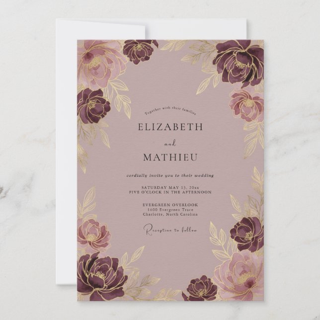Invitación Boda Flor de Bloom Dorada Malva (Anverso)