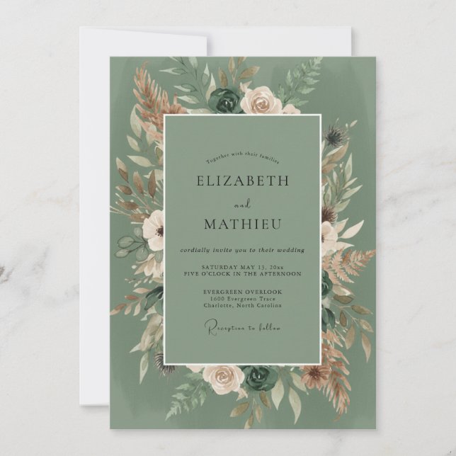 Invitación Boda Flor de Boho Verde Salvia (Anverso)