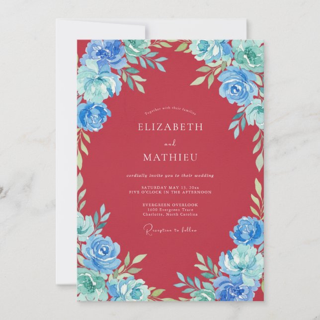Invitación Boda Flor de Borgoña Azul (Anverso)
