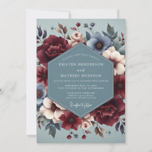 Invitación Boda Flor de Borgoña Azul Pizarra