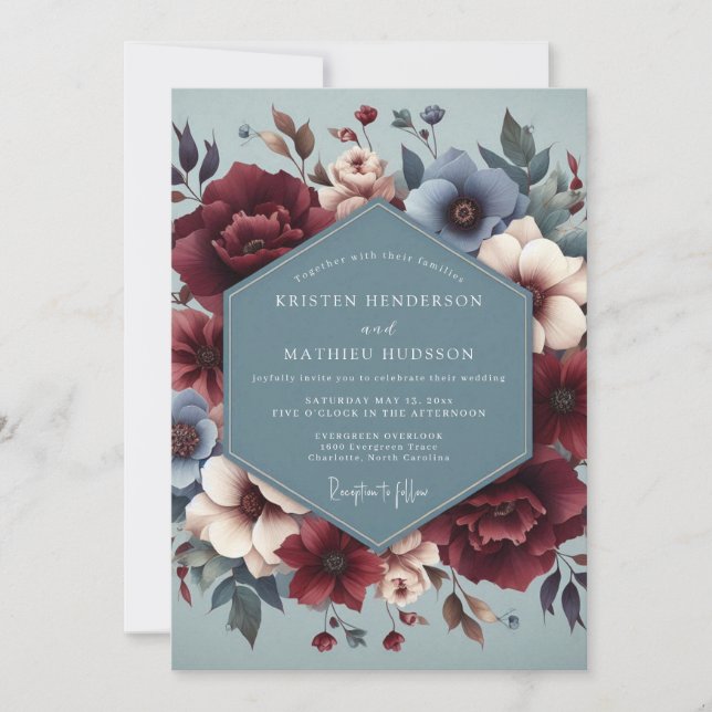 Invitación Boda Flor de Borgoña Azul Pizarra (Anverso)