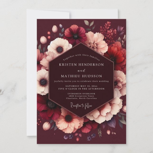 Invitación Boda Flor de Borgoña Dorada (Anverso)
