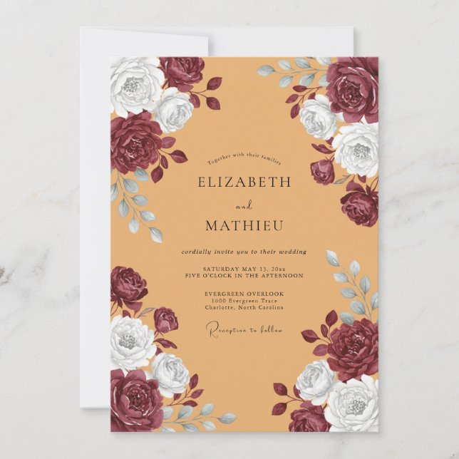 Invitación Boda Flor de Borgoña Floreciendo (Anverso)