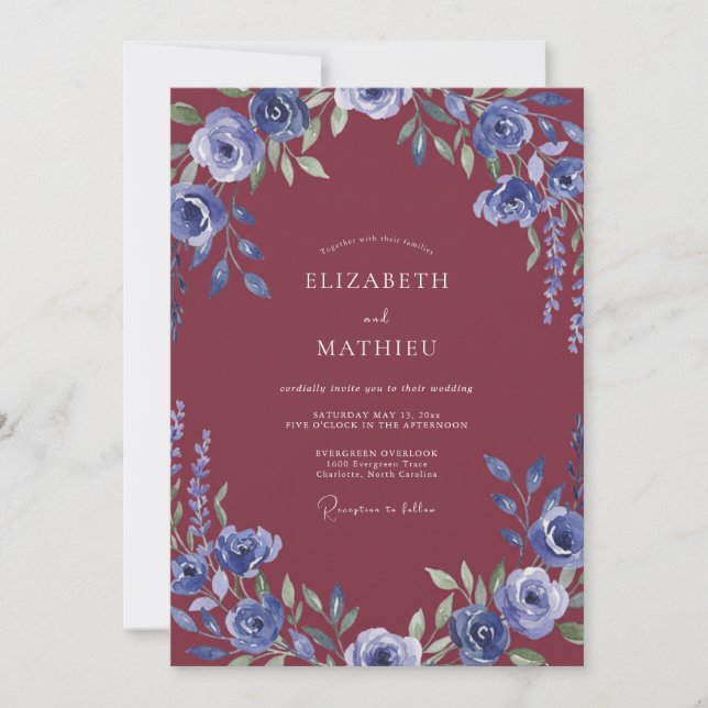 Invitación Boda Flor de Borgoña Periwinkle (Anverso)