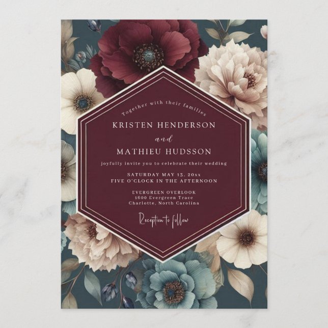 Invitación Boda Flor de Borgoña Turquesa (Anverso)