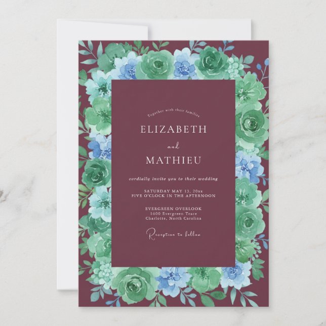 Invitación Boda Flor de Borgoña Verde (Anverso)