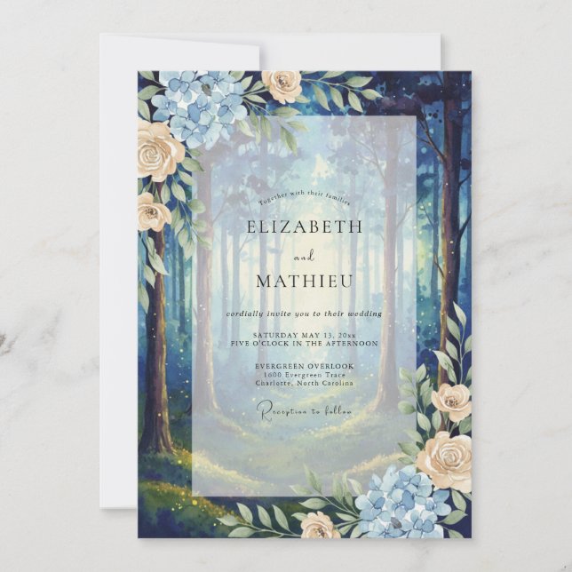 Invitación Boda Flor de Bosque Azul Profundo (Anverso)
