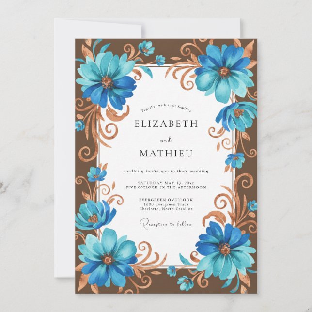 Invitación Boda Flor de Bronce Cian (Anverso)