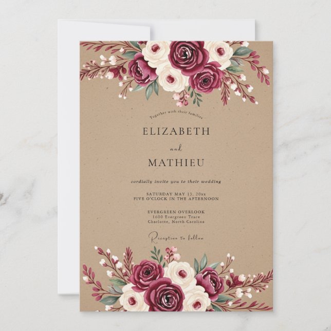 Invitación Boda Flor de Burgundy Etérea (Anverso)