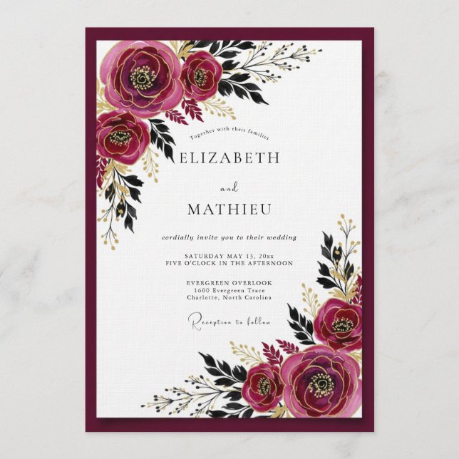 Invitación Boda Flor de Burgundy Malhumorada (Anverso)