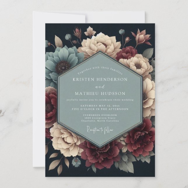 Invitación Boda Flor de Burgundy Slate Sombrío (Anverso)