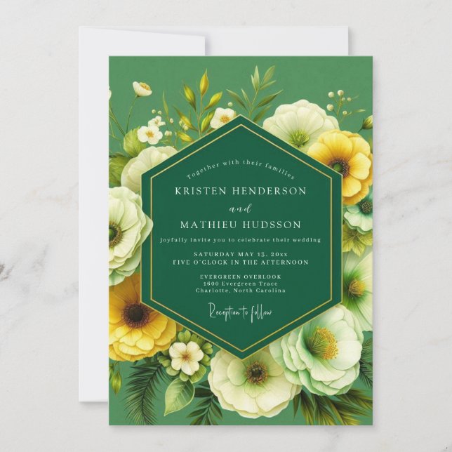 Invitación Boda Flor de Caléndula Esmeralda (Anverso)