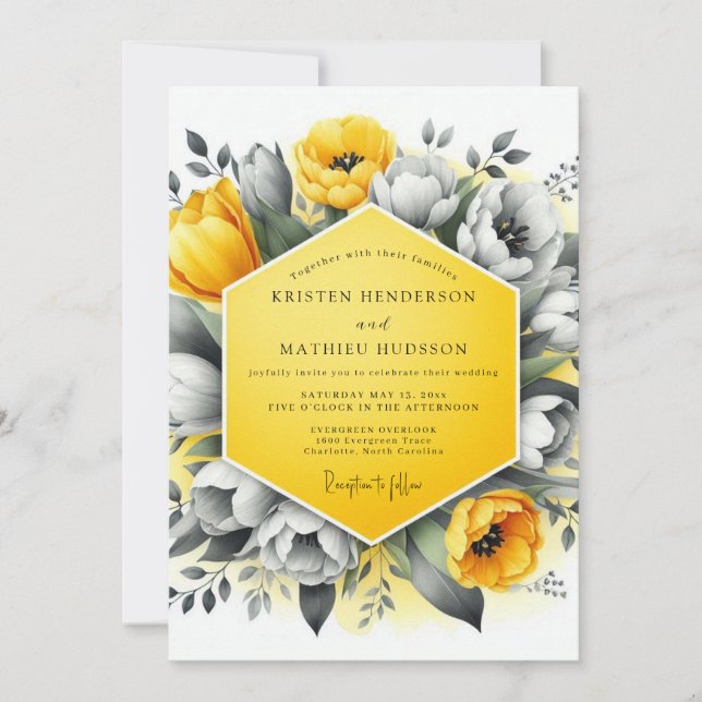 Invitación Boda Flor de Caléndula y Carbón (Anverso)