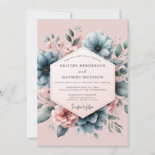 Invitación Boda Flor de Capullo de Azul Polvoriento