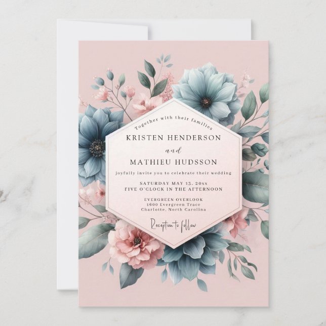 Invitación Boda Flor de Capullo de Azul Polvoriento (Anverso)