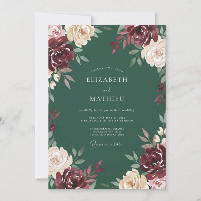 Invitación Boda Flor de Capullo Granate del Bosque (Anverso)