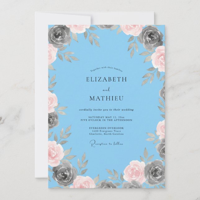 Invitación Boda Flor de Carbón Cielo (Anverso)