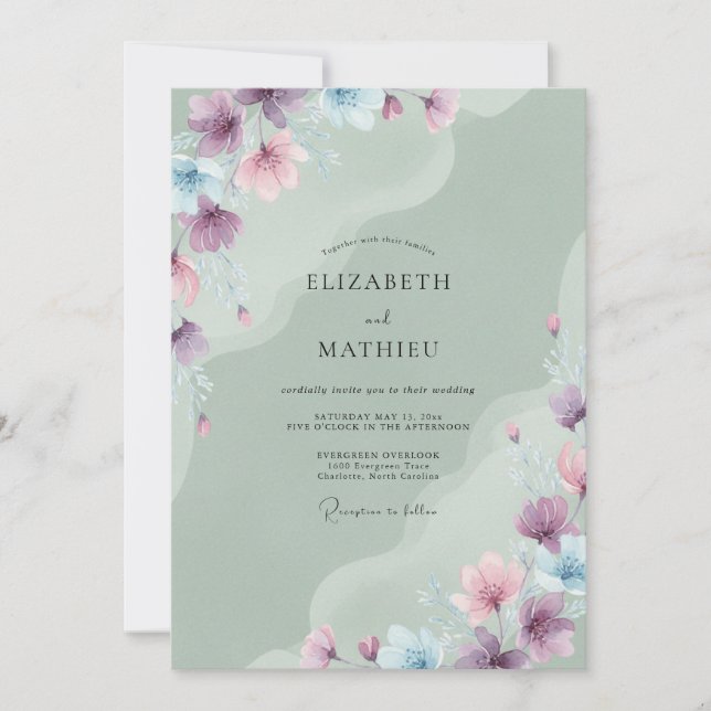 Invitación Boda Flor de Celadón Periwinkle (Anverso)