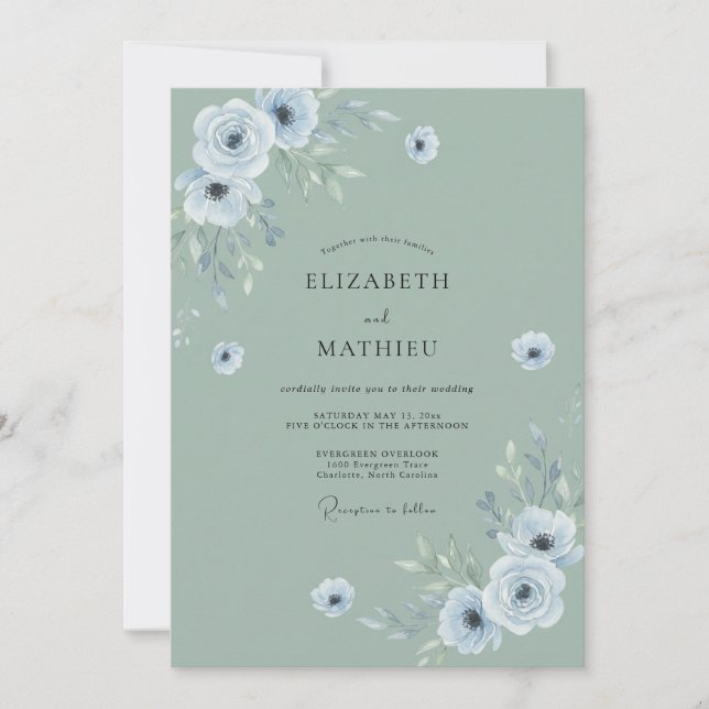 Invitación Boda Flor de Celadón Polvoriento (Anverso)