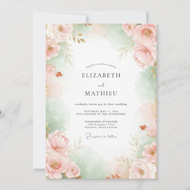 Invitación Boda Flor de Celadón Rosado (Anverso)