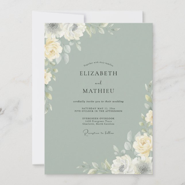 Invitación Boda Flor de Celadón Silenciada (Anverso)