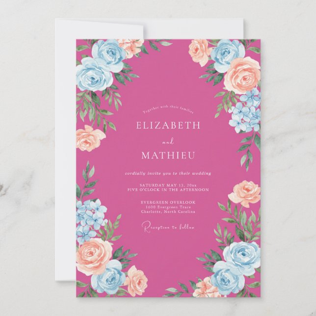 Invitación Boda Flor de Cerúleo Fucsia (Anverso)