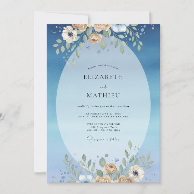 Invitación Boda Flor de Champagne Azul (Anverso)