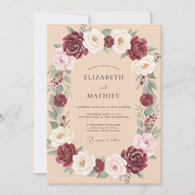Invitación Boda Flor de Champagne Borgoña (Anverso)