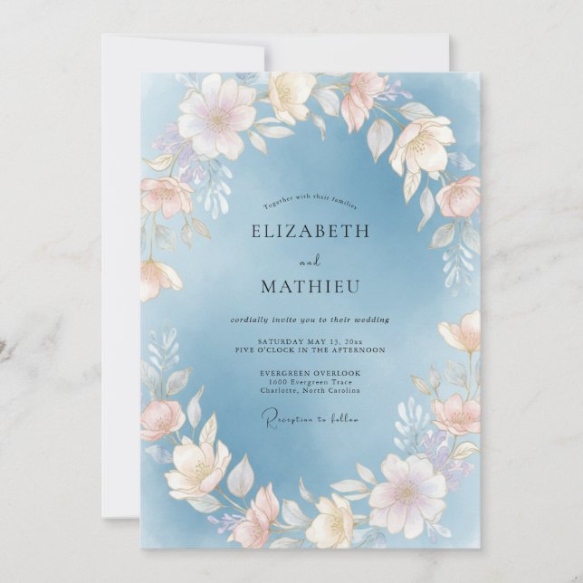 Invitación Boda Flor de Champagne Celeste (Anverso)