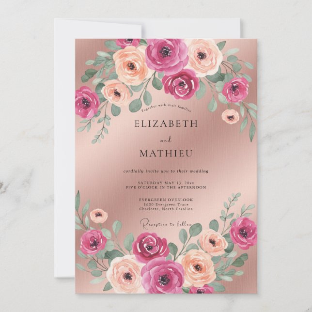 Invitación Boda Flor de Champagne Magenta (Anverso)