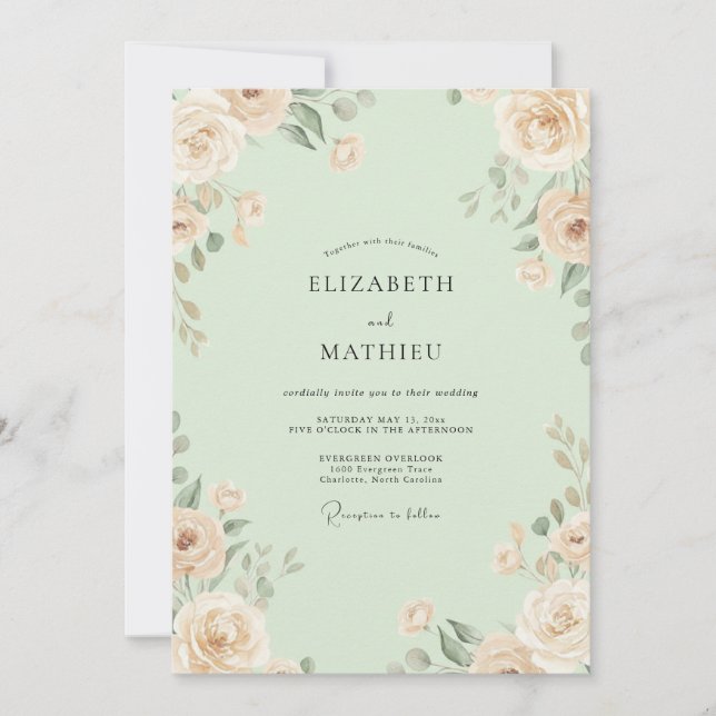Invitación Boda Flor de Champagne Menta (Anverso)