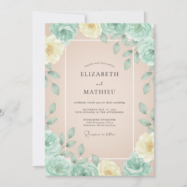 Invitación Boda Flor de Champagne Mentolada (Anverso)