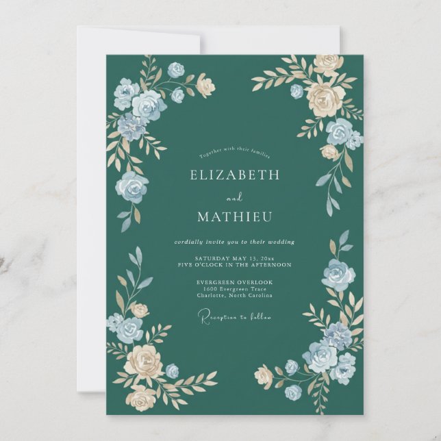 Invitación Boda Flor de Cian Oscuro (Anverso)