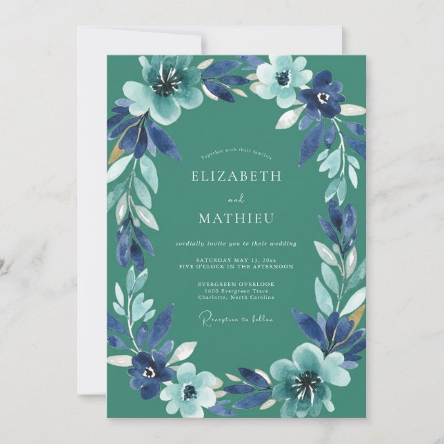 Invitación Boda Flor de Ciano Cerúleo (Anverso)