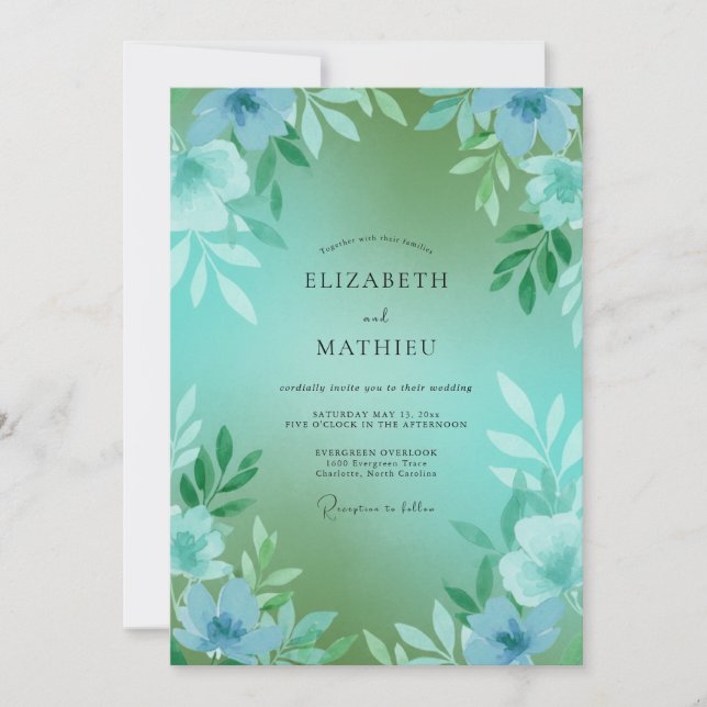 Invitación Boda Flor de Ciano Espuma de Mar (Anverso)