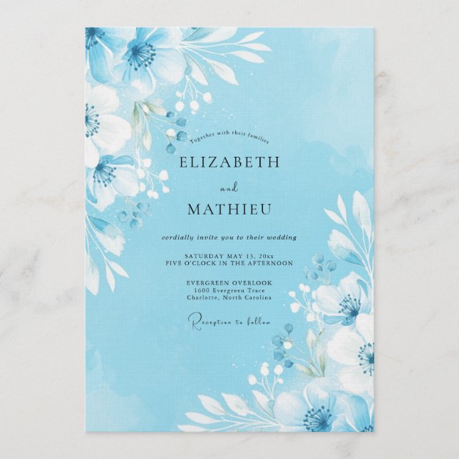 Invitación Boda Flor de Cielo Azul Pintada (Anverso)