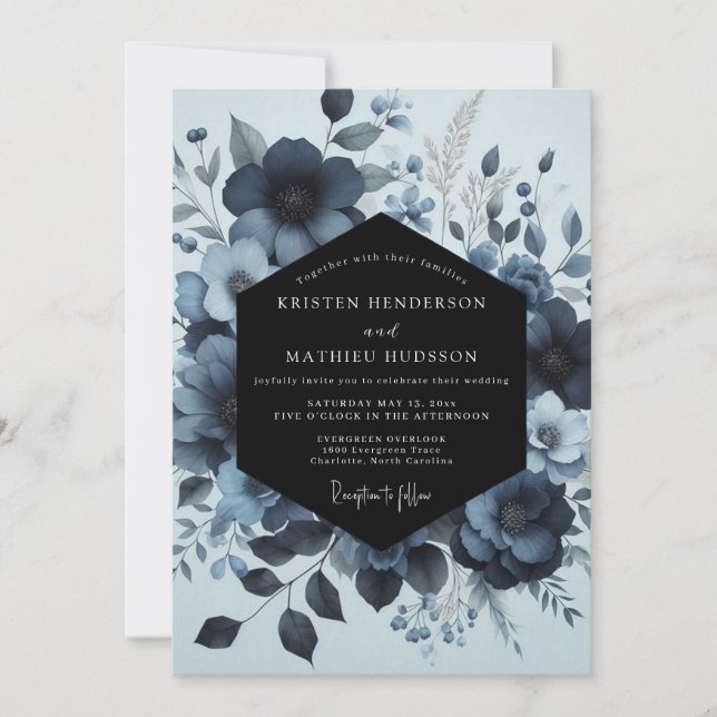 Invitación Boda Flor de Cielo de Ánimo Índigo (Anverso)
