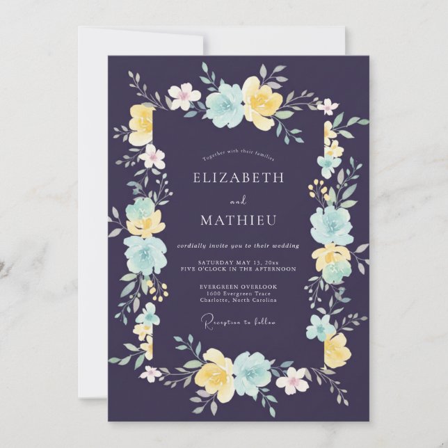 Invitación Boda Flor de Ciruela Celeste Acuática (Anverso)